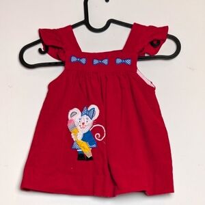 Vintage Red Corduroy Girls Dress Mouse Pencil Applique Size 12-18 Months Cotton